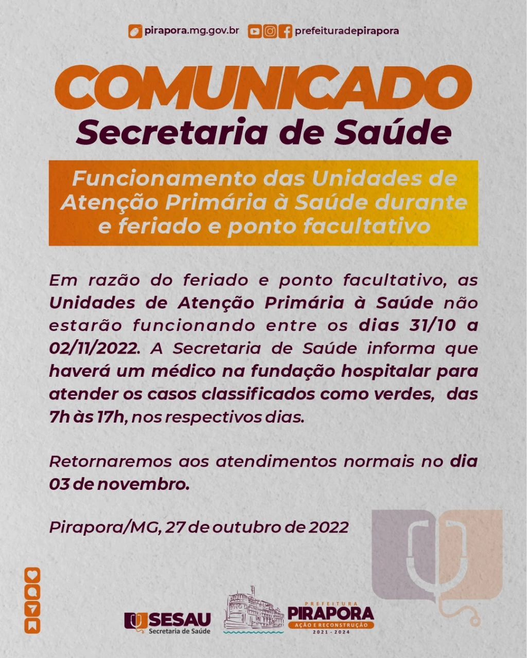 Comunicado da Secretaria de Saúde de Pirapora